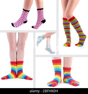 Collage di gambe femminili in calzini colorati Foto Stock