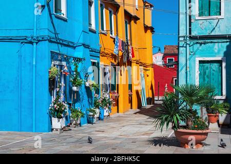 Strada stretta tra tipiche case colorate a Burano, Italia. Foto Stock