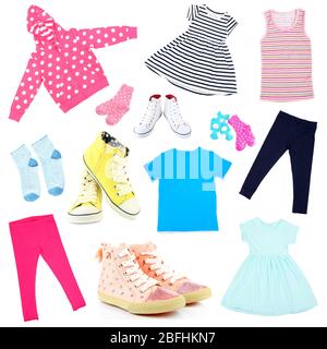 Collage di abbigliamento per bambini isolato su bianco Foto Stock