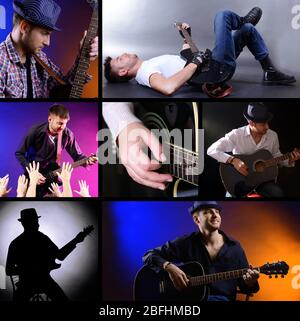 Musica Collage.giovane musicista con chitarra Foto Stock