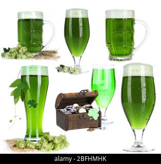 Collage di birra verde, isolata su bianco. San Patrizio Foto Stock