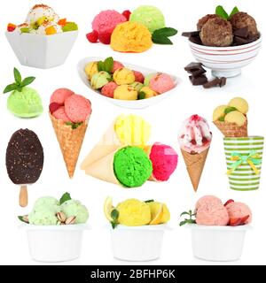Collage di diversi tipi di gelato isolato su bianco Foto Stock