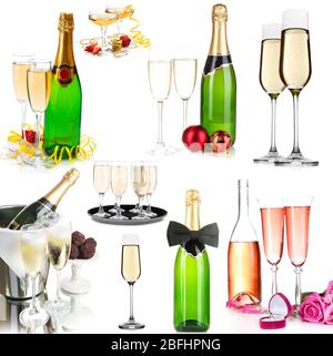 Collage di champagne isolato su bianco Foto Stock