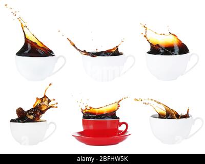 Collage di tazze di caffè con schizzi, isolato su bianco Foto Stock