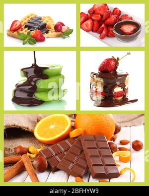 Gustoso collage di dessert con frutta e cioccolato Foto Stock