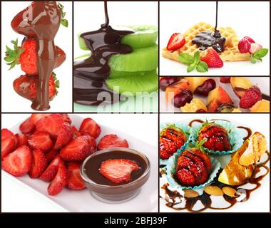 Gustoso collage di dessert - frutta con cioccolato, primo piano Foto Stock