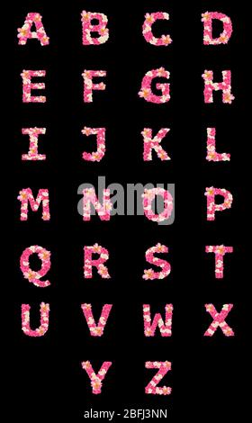 Lettere fatte di fiori, alfabeto inglese, carattere colorato fiore Foto Stock