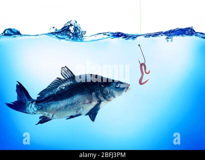 Gancio di pesce con verme in acqua Foto Stock