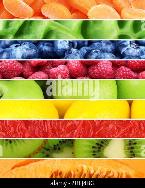 Frutta, bacche e verdi in collage colorato Foto Stock