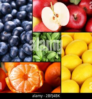 Frutta, bacche e verdi in collage colorato Foto Stock