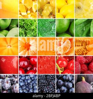 Frutta, bacche e verdi in collage colorato Foto Stock