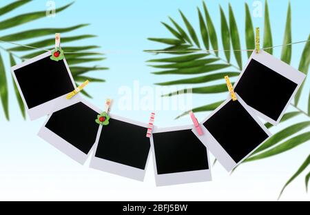 Foto carte appese su clothesline su sfondo foglie di palma Foto Stock