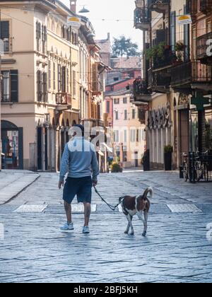 Cremona, Lombardia, Italia - 19 aprile 2020 - camminate con cani, vita quotidiana durante lo scoppio del clockdown del covid-19 Foto Stock