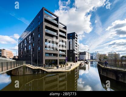 Il Cotton Field Wharf constende di appartamenti dal porto turistico di Cotton Field Park, New Islington, Ancoats, Manchester, Inghilterra, Regno Unito Foto Stock