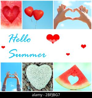 Ciao concetto estivo. Collage di immagini con cuori diversi. Foto Stock