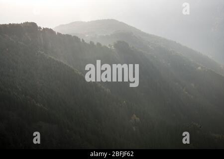 Caucaso, Georgia, regione di Tusheti, Omalo. Una montagna con una foresta è illuminata dal sole che sorge nella regione del Tusheti. Foto Stock