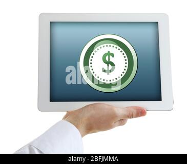 Concetto di denaro. Tablet digitale in mano isolato su bianco Foto Stock