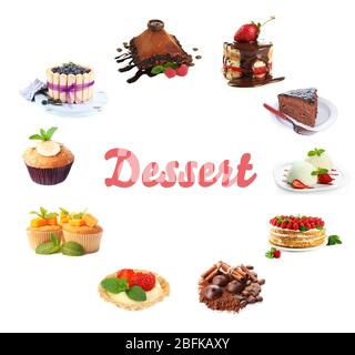 Collage di dessert isolati su bianco Foto Stock