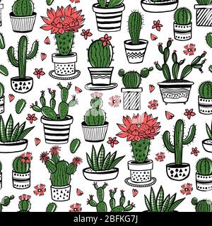 Disegno a mano di Cactus e succulente ripetizione senza giunture nello stile di schizzo. Doodle colori fiori in pentole. Vettore colorato cute casa piante interne. Illustrazione Vettoriale