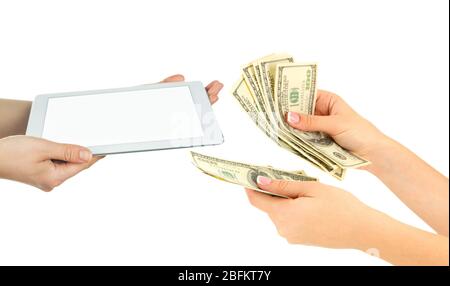 Tablet PC e denaro in Hands-Pawnshop Foto Stock