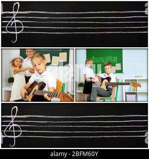 Collage con studenti che hanno lezioni di musica in classe alla scuola elementare Foto Stock