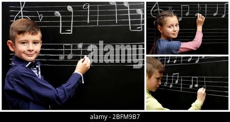 Collage con studenti che hanno lezioni di musica in classe alla scuola elementare Foto Stock