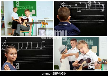 Collage con studenti che hanno lezioni di musica in classe alla scuola elementare Foto Stock