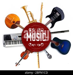 Collage di strumenti musicali isolati su bianco Foto Stock