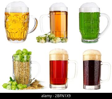 Diversi tipi di birra in tazze, isolato su bianco Foto Stock