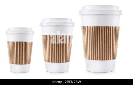 Tre vasetti di carta di diverse dimensioni, isolati su bianco Foto Stock