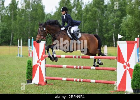 Donna sportiva saltare oltre gli ostacoli a cavallo. Equitazione Foto Stock