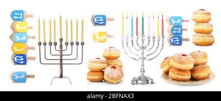 Collage Hanukkah su sfondo bianco. Concetto di celebrazione di Hanukkah. Foto Stock