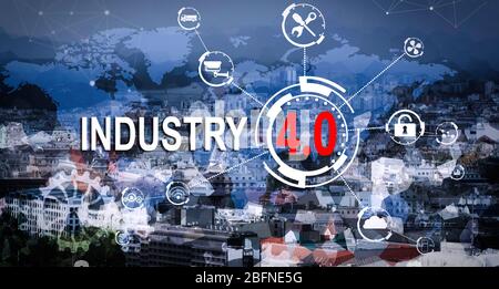 Industria del testo 4.0 e rete internet su sfondo urbano Foto Stock