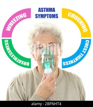 Donna anziana con macchina per l'asma e elenco dei sintomi su sfondo bianco Foto Stock