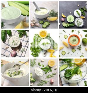 Collage di salse diverse con aglio Foto Stock