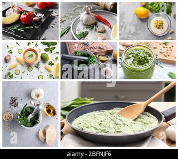 Collage di salse diverse con aglio Foto Stock