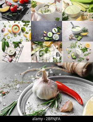 Collage di salse diverse con aglio Foto Stock