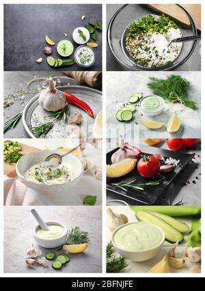 Collage di salse diverse con aglio Foto Stock