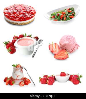 Collage di diversi piatti con fragola su sfondo bianco Foto Stock