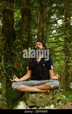 Bearded e capelli lunghi indiano ragazzo meditating seduta su una roccia contro la natura foresta sfondo Foto Stock