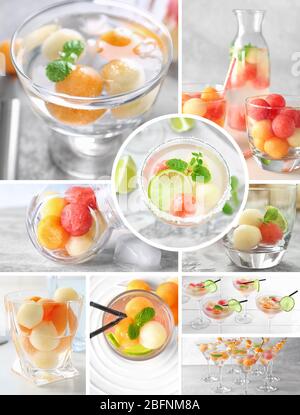 Collage di deliziosi cocktail con palle di melone in diversi bicchieri Foto Stock