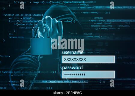 Login form e hacker con bloccaggio su sfondo scuro. Concetto di cyber attacco e di sicurezza Foto Stock