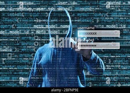 Uomo hacking account su schermo virtuale su sfondo scuro. Concetto di cyber attacco e sicurezza Foto Stock