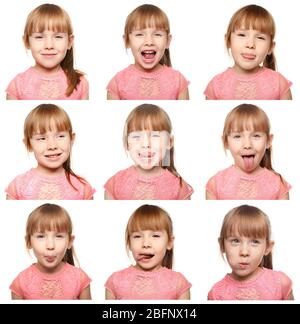 Concetto di terapia vocale. Bambina che fa esercizi per la pronuncia corretta su sfondo bianco Foto Stock