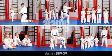 Set con istruttore e bambini piccoli che praticano il karate nel dojo Foto Stock