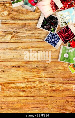 Foto diverse di quadri della natura su sfondo di legno Foto Stock