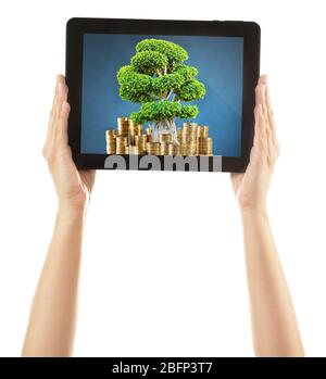 Albero verde in borsa con un simbolo dollaro in schermo di tablet isolato su bianco Foto Stock