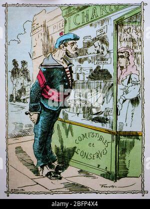 Un marinaio francese esamina la strana varietà di carne disponibile in una macelleria vetrata durante l'assedio di Parigi. Dopo la sconfitta nella battaglia di Sedan, dove l'imperatore francese Napoleone III si arrese, la nuova Repubblica francese non era pronta ad accettare i termini di pace tedeschi. Per porre fine alla guerra franco-prussiana, i tedeschi assediarono Parigi a partire dal 19 settembre 1870. Foto Stock