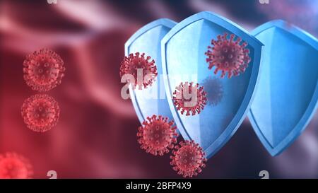 Protezione antivirus concetto di protezione. Barriera di sicurezza per coronavirus Sars-Cov-2. Schermo in acciaio lucido per la protezione contro le cellule virali, fonte di covid-19 Foto Stock