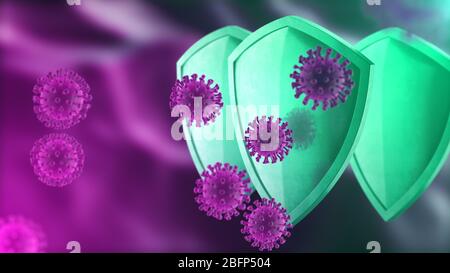 Protezione antivirus concetto di protezione. Barriera di sicurezza per coronavirus Sars-Cov-2. Schermo in acciaio lucido per la protezione contro le cellule virali, fonte di covid-19 Foto Stock